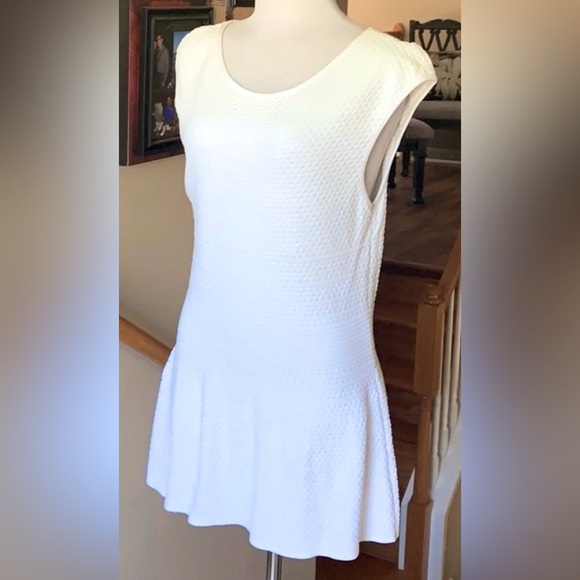 Marc Cain Capped Sleeve Texture Bubble Knit Flare Tunic w Ribbed Waist Off White - Picture 6 of 11